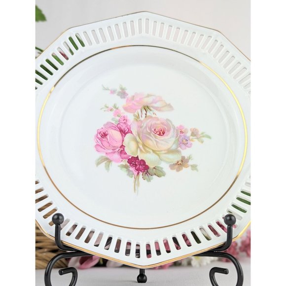 Vtg 1950s Porcelain Vanity Dish Octagon Gold Trim Lattice Reticulated Border - Picture 6 of 9